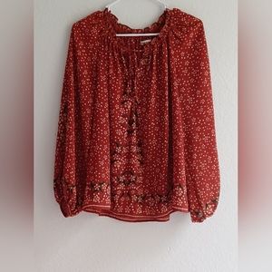 Max Studio orange/red floral long sleeve blouse, Medium